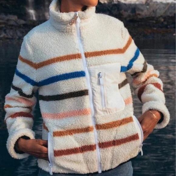 Faherty Dream Long Sleeve Zip Up Fleece Jacket Polar Rainbow Stripe Cream Small - Picture 1 of 5